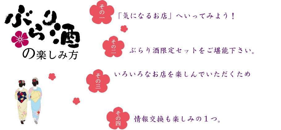 ぶらり酒の楽しみ方
その一、地図を見ながら「気になるお店」へ行ってみよう！
その二、「お店自慢の１皿＋ドリンク」ぶらり酒限定セットをご堪能ください。
その三、いろいろなお店を楽しんでいただくためチケットのみのご利用は30分程度がマナー。
もちろん気に入ったお店なら追加注文やもう１杯もチケット外でOK！
その四、隣に座ったぶらり酒参加者に「どちらを廻りました？」など情報交換も楽しみの１つ。
お得なメニュー情報や素敵な店主にたくさんめぐり会ってください。